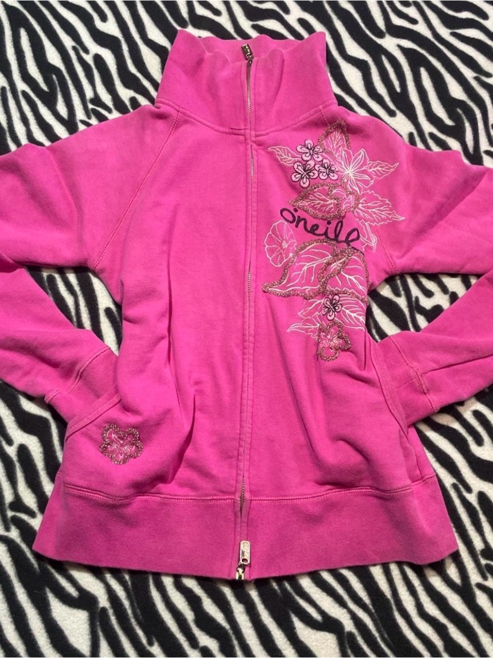 O'Neill Girls' Hot Pink Full-Zip Jacket with Floral Embroidery